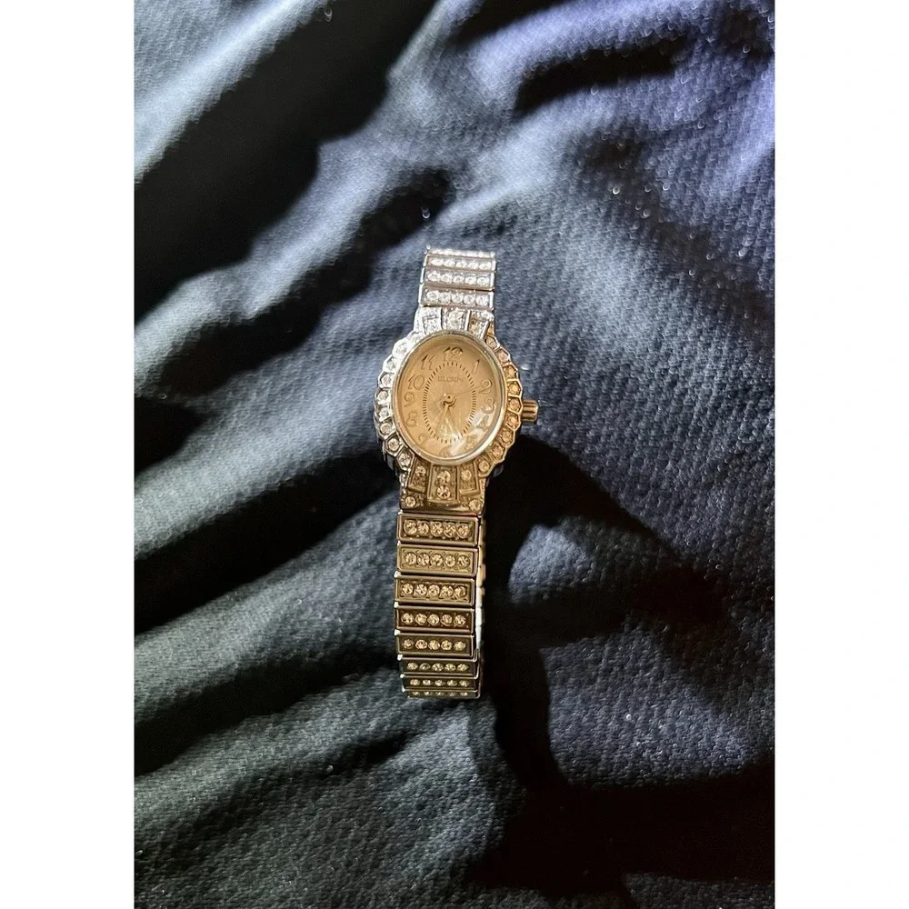 Elgin EG9058 Women's Oval Analog Clear Stone White Dial Stretch Band Bling Watch